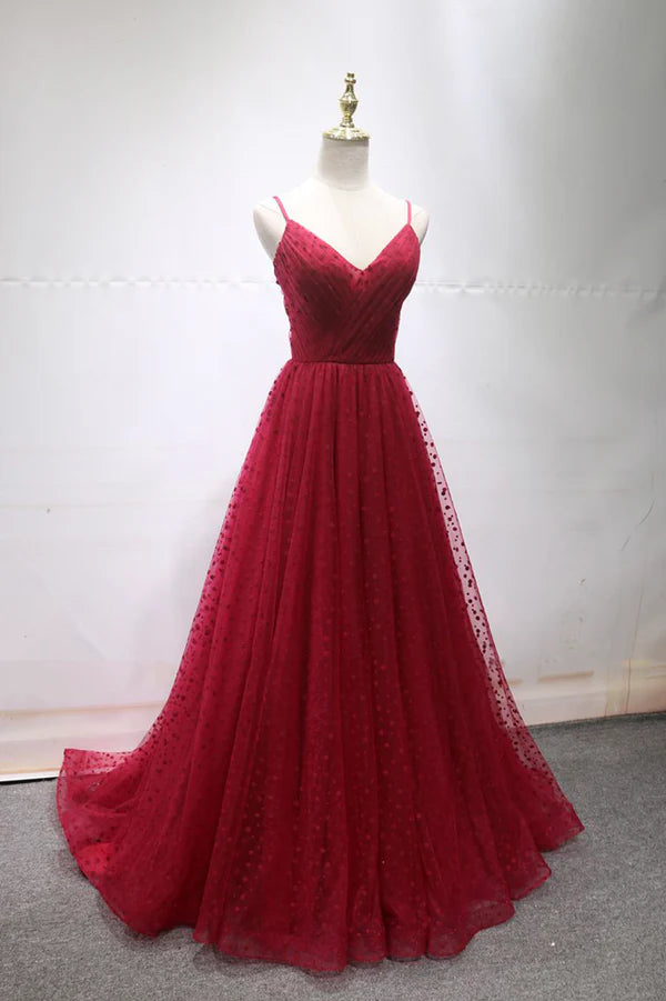 Wholesale Burgundy V-Neck Tulle Long Prom Dress A-Line Backless Evening Party Dress