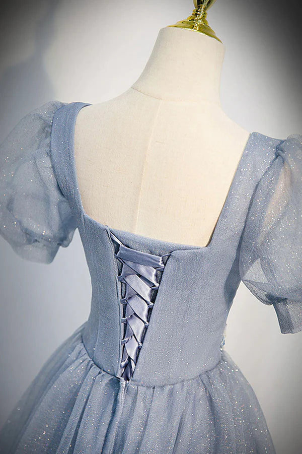 Wholesale Cute Shiny Tulle Long Prom Dress A-Line Short Sleeve Evening Party Dress