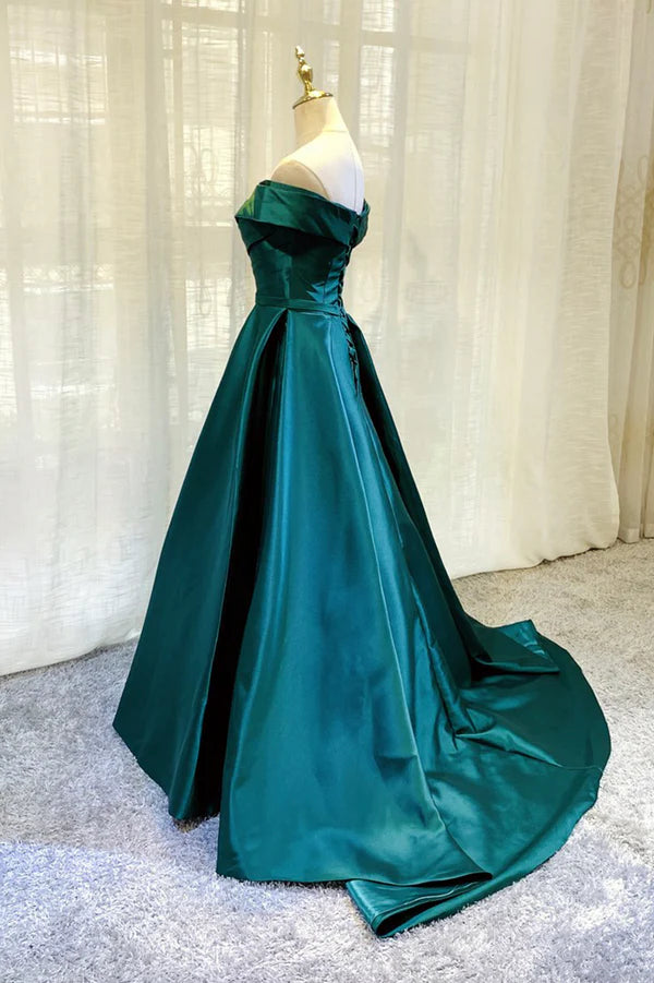 Wholesale Green Satin Long A-Line Prom Dress Simple Off the Shoulder Evening Dress