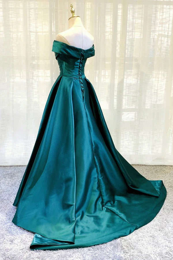 Wholesale Green Satin Long A-Line Prom Dress Simple Off the Shoulder Evening Dress