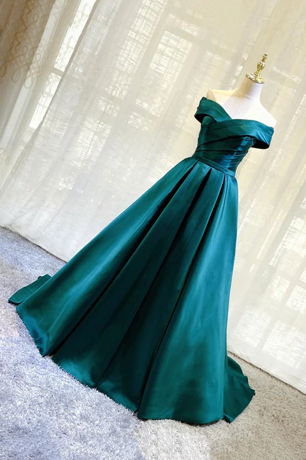 Wholesale Green Satin Long A-Line Prom Dress Simple Off the Shoulder Evening Dress