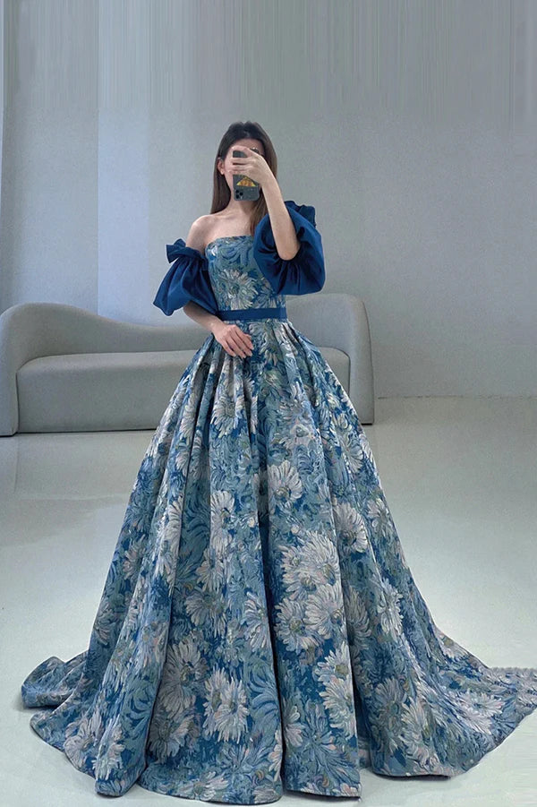 Wholesale Blue Floral Pattern Long Senior Prom Dress Off the Shoulder Evening Party Dress
