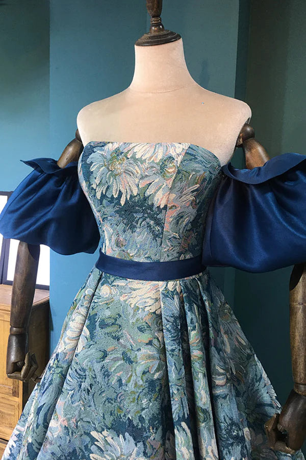 Wholesale Blue Floral Pattern Long Senior Prom Dress Off the Shoulder Evening Party Dress