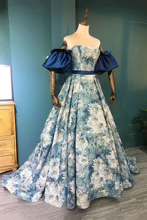 Wholesale Blue Floral Pattern Long Senior Prom Dress Off the Shoulder Evening Party Dress
