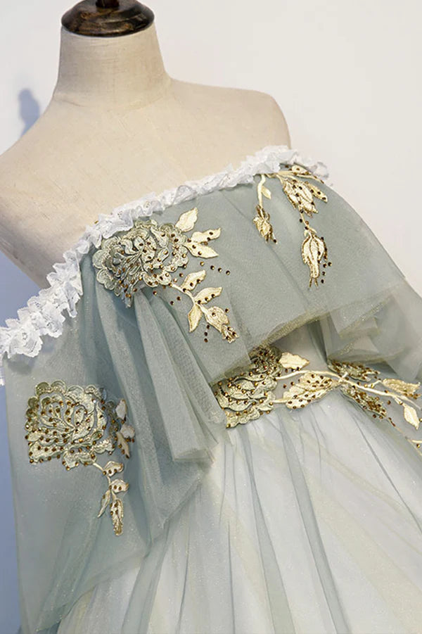 Wholesale Green Tulle Long Prom Dress with Lace Off the Shoulder Evening Gown