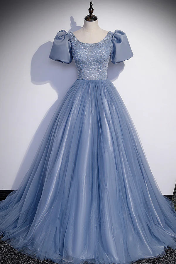Wholesale Blue Scoop Tulle Long Prom Dress A-Line Short Sleeve Formal Dress