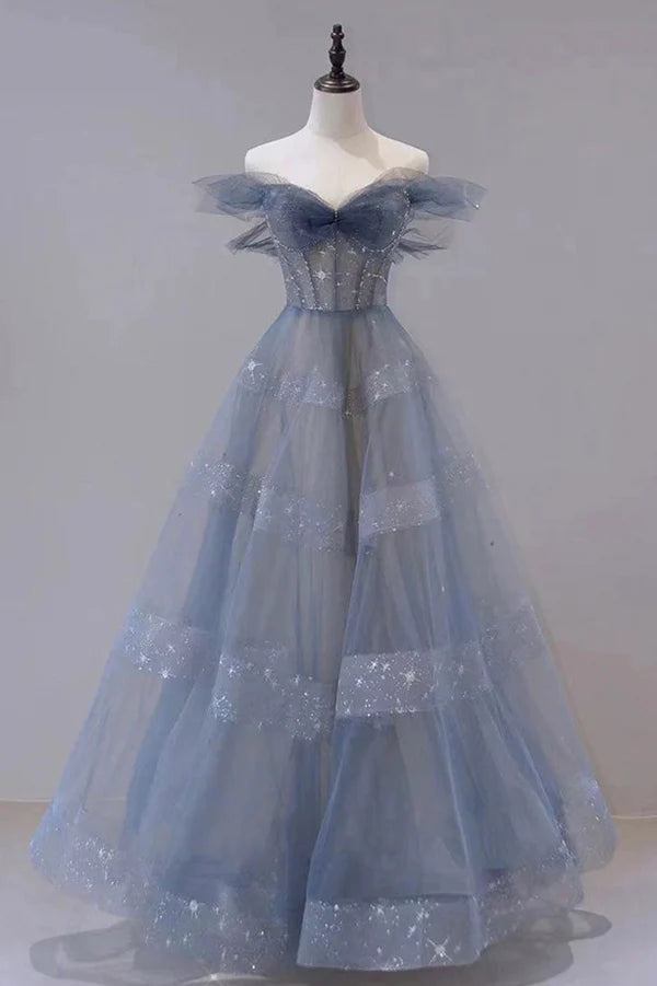 Wholesale Blue Tulle Long A-Line Prom Dress