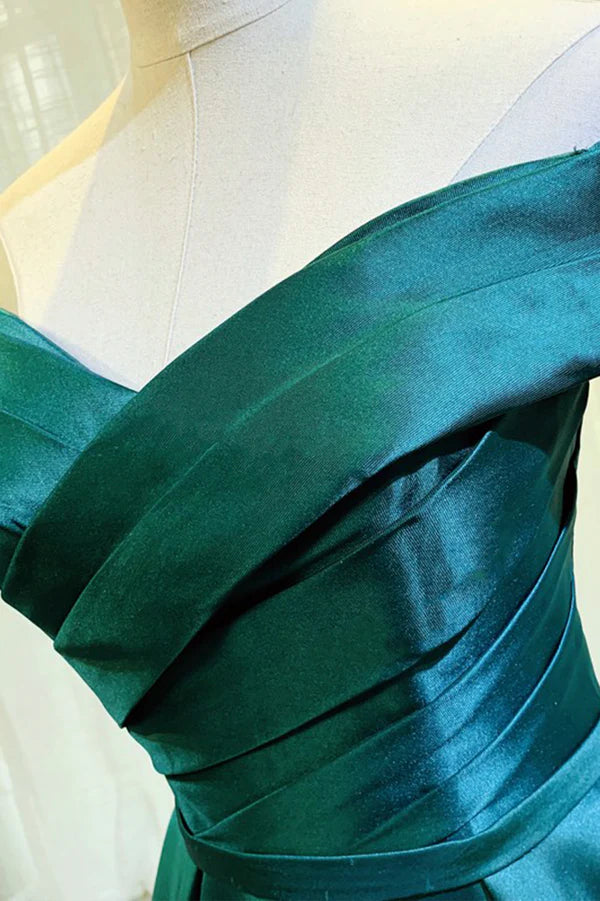 Wholesale Green Satin Long A-Line Prom Dress Simple Off the Shoulder Evening Dress