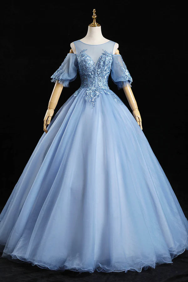 Wholesale Blue Lace Long A-Line Ball Gown Blue Formal Party Dress