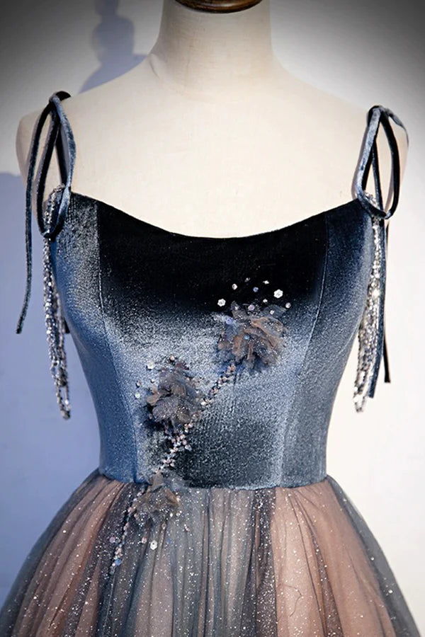 Wholesale Blue Tulle Spaghetti Strap Long Prom Dress A-Line Lace-Up Evening Dress