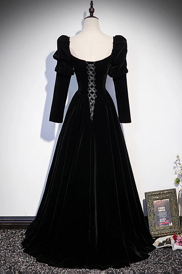 Wholesale Black Velvet Long Sleeve Prom Dress A-Line Evening Party Dress