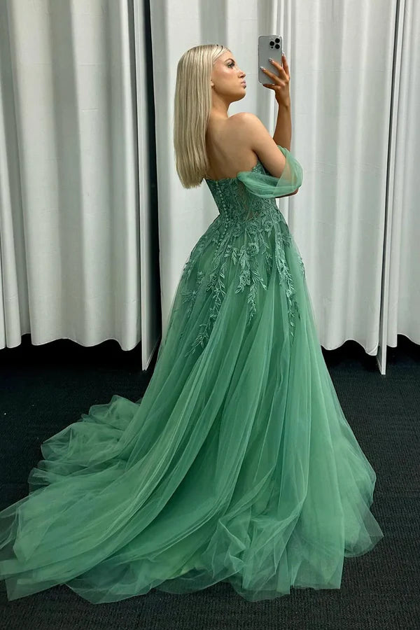 Wholesale A-Line Tulle Lace Long Prom Dress Green Off the Shoulder Evening Party Dress