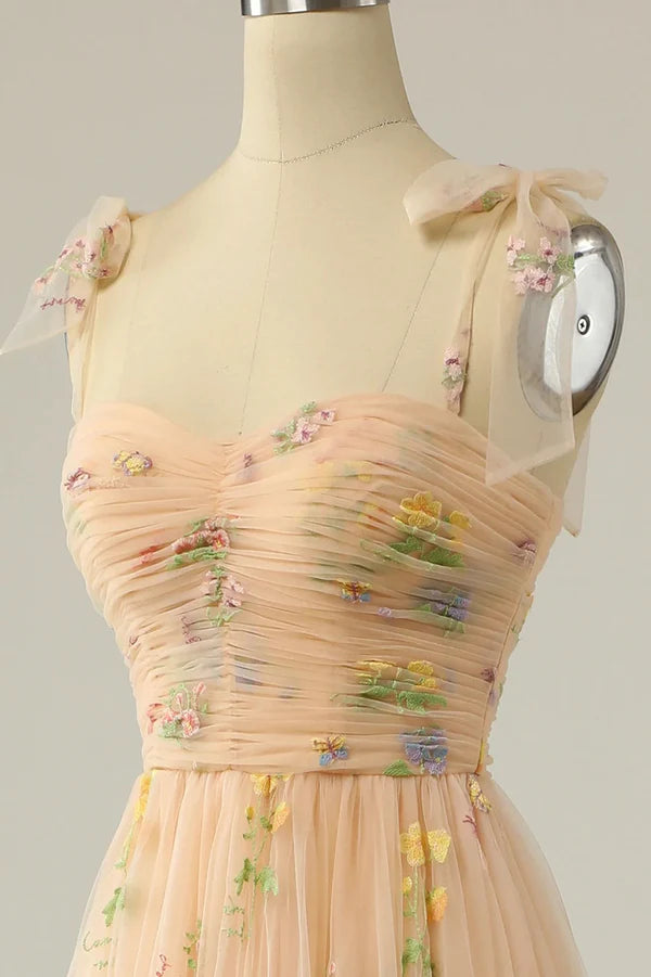 Wholesale Champagne Tulle Lace Floor Length Prom Dress A-Line Spaghetti Straps Evening Dress