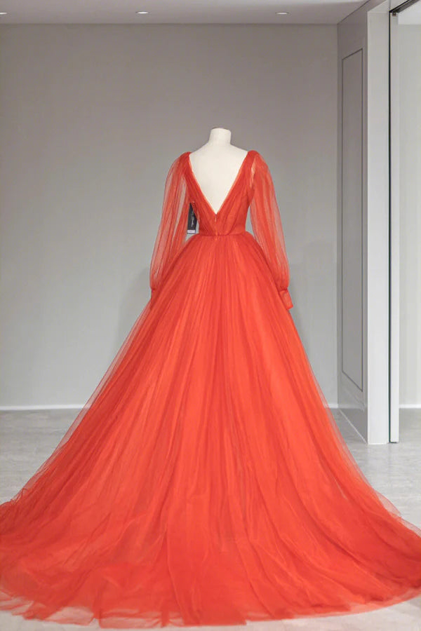 Wholesale Plunging V-Neck Tulle Floor Length Formal Dress Orange Long Sleeve Prom Dress