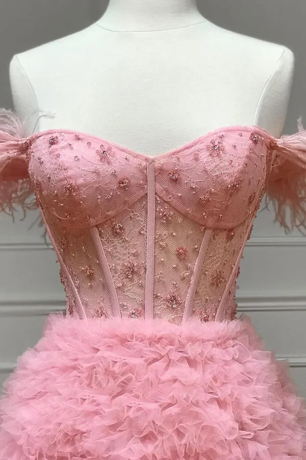 Wholesale Pink Tulle Long A-Line Prom Dress Pink Sweetheart Neckline Evening Gown