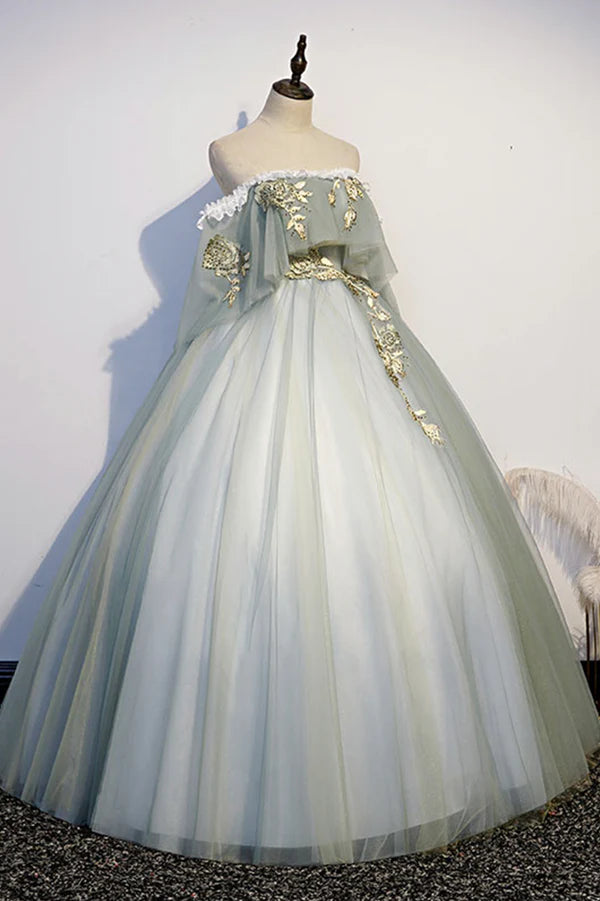 Wholesale Green Tulle Long Prom Dress with Lace Off the Shoulder Evening Gown