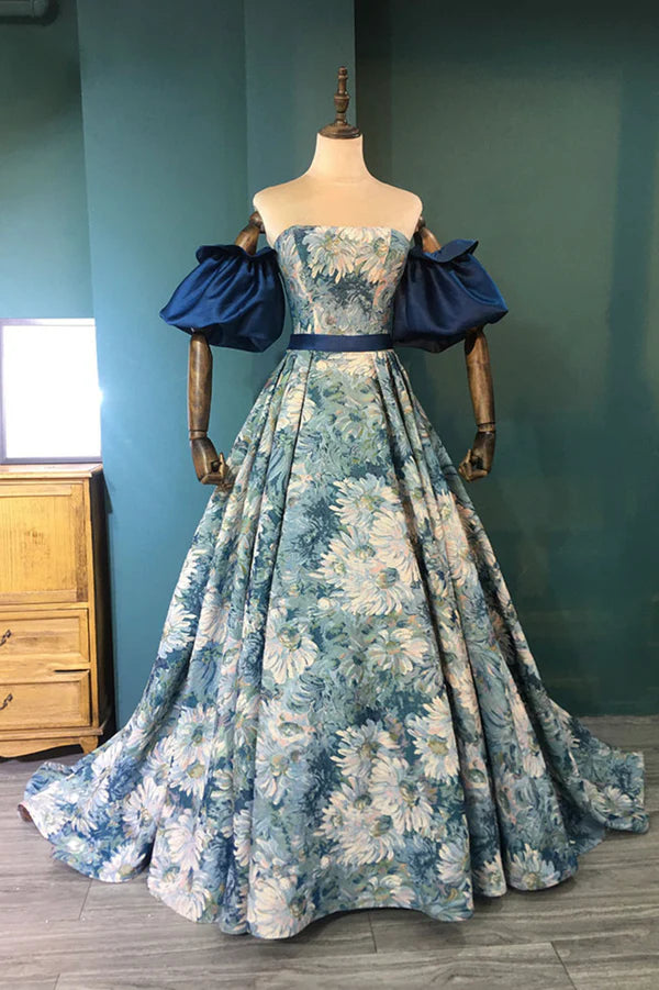 Wholesale Blue Floral Pattern Long Senior Prom Dress Off the Shoulder Evening Party Dress