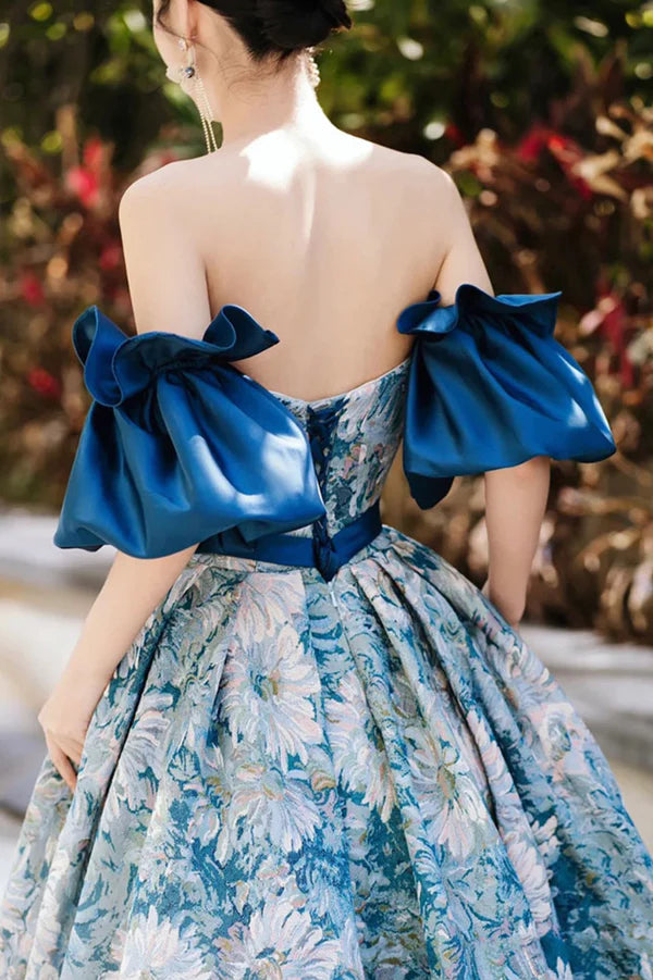 Wholesale Blue Floral Pattern Long Senior Prom Dress Off the Shoulder Evening Party Dress