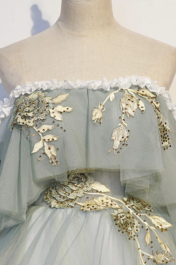 Wholesale Green Tulle Long Prom Dress with Lace Off the Shoulder Evening Gown