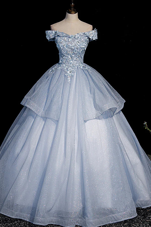 Wholesale Beautiful Ball Gown Blue Tulle Lace Long Party Dress Off the Shoulder Evening Dress