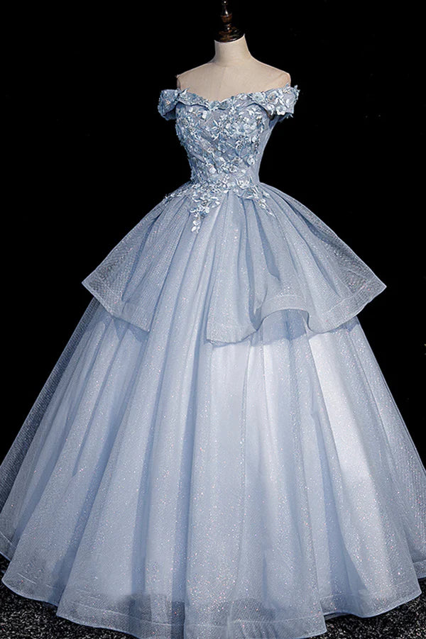 Wholesale Beautiful Ball Gown Blue Tulle Lace Long Party Dress Off the Shoulder Evening Dress