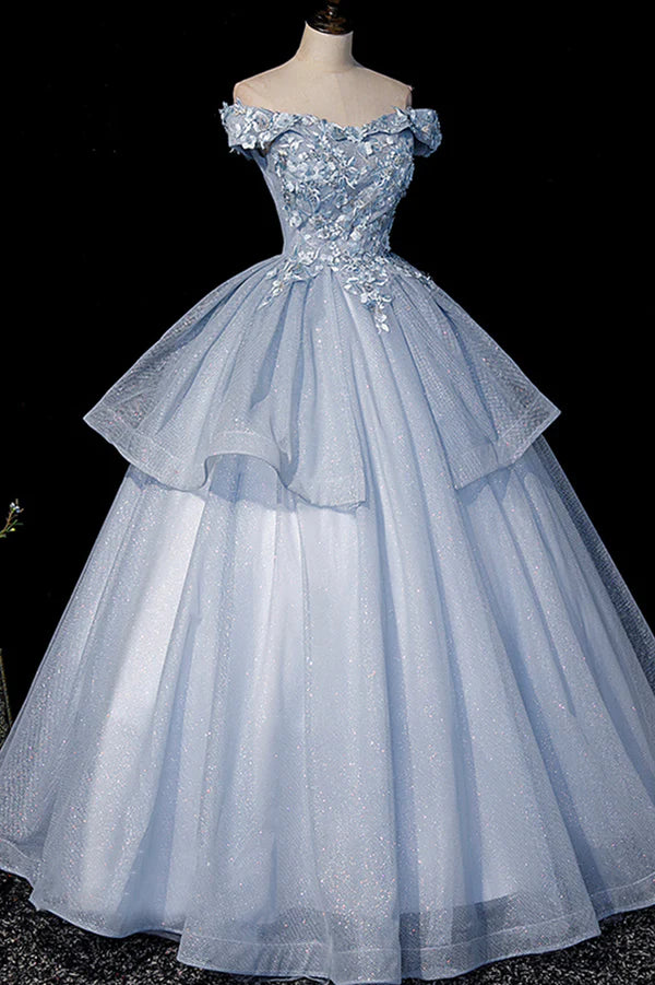Wholesale Beautiful Ball Gown Blue Tulle Lace Long Party Dress Off the Shoulder Evening Dress