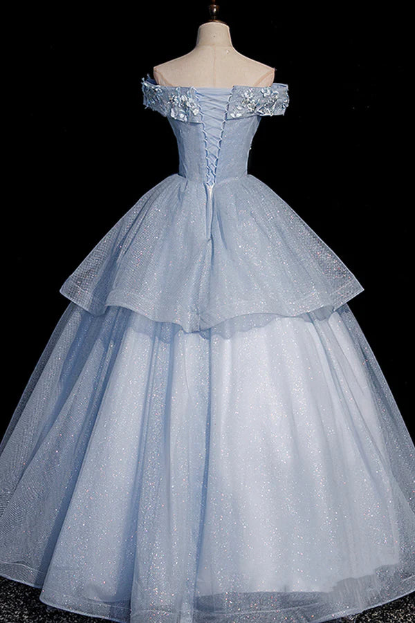 Wholesale Beautiful Ball Gown Blue Tulle Lace Long Party Dress Off the Shoulder Evening Dress