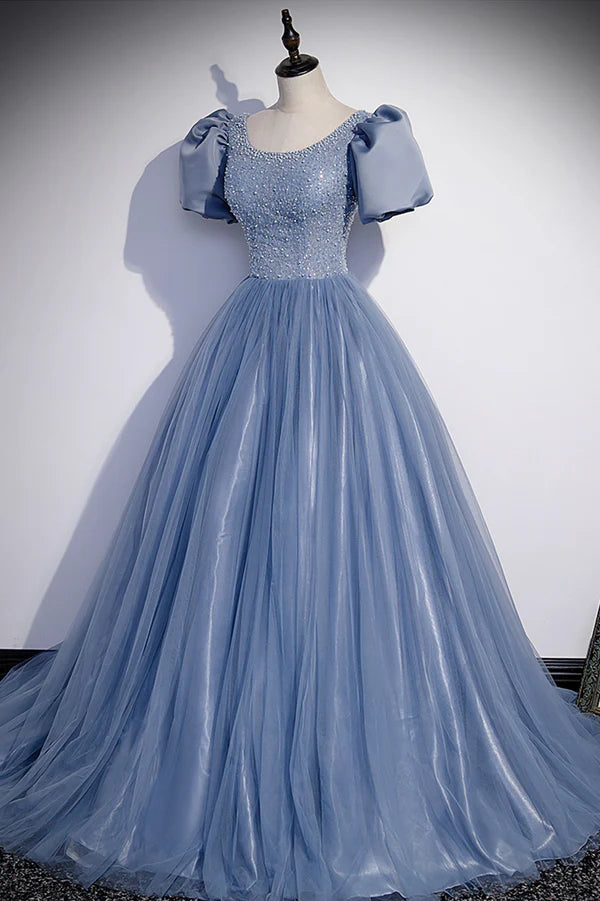 Wholesale Blue Scoop Tulle Long Prom Dress A-Line Short Sleeve Formal Dress