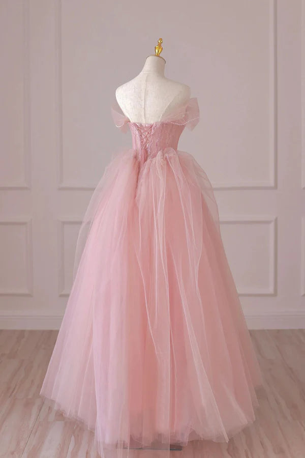 Wholesale Pink Tulle Lace Long Formal Dress A-Line Off Shoulder Pink Prom Dress
