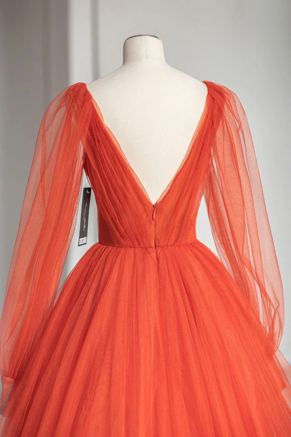 Wholesale Plunging V-Neck Tulle Floor Length Formal Dress Orange Long Sleeve Prom Dress