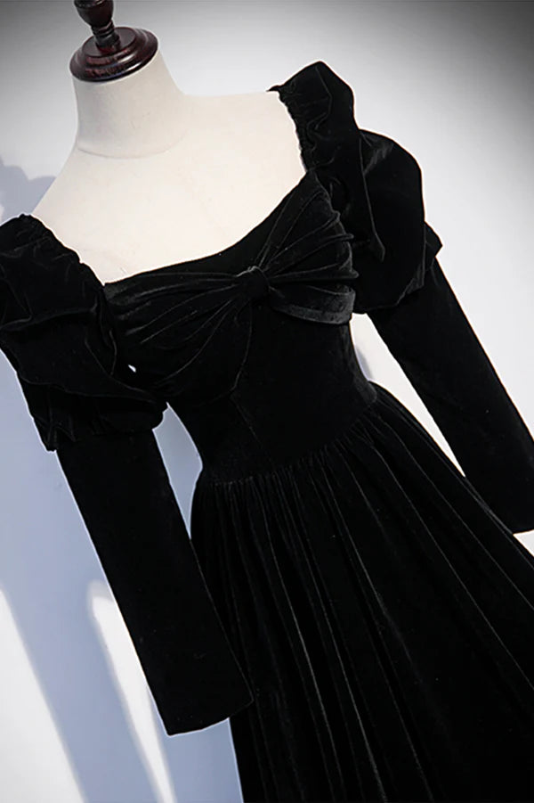Wholesale Black Velvet Long Sleeve Prom Dress A-Line Evening Party Dress