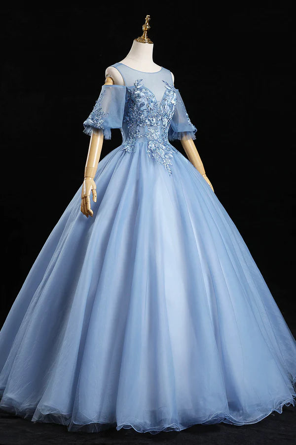 Wholesale Blue Lace Long A-Line Ball Gown Blue Formal Party Dress