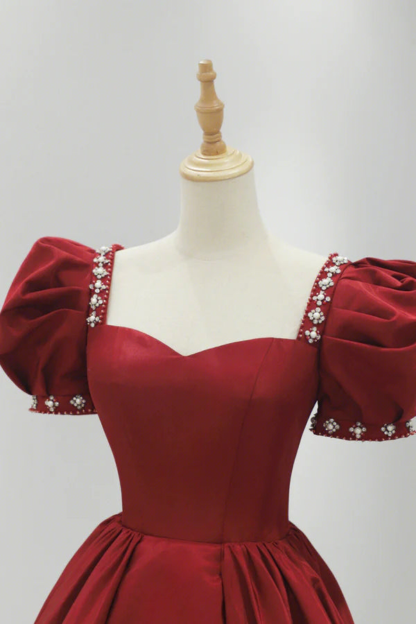 Wholesale Burgundy Satin Long Prom Dress A-Line Short Sleeve Evening Dress