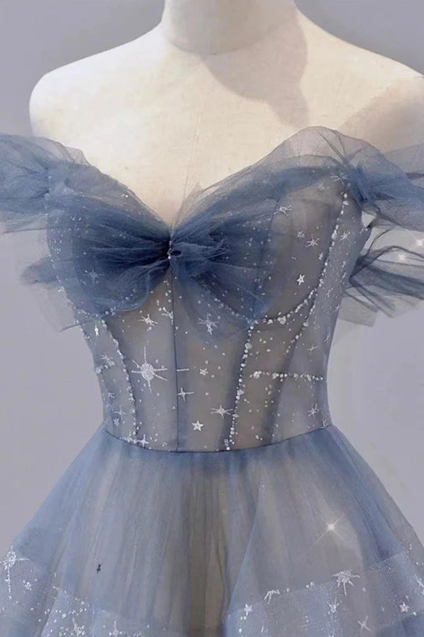 Wholesale Blue Tulle Long A-Line Prom Dress