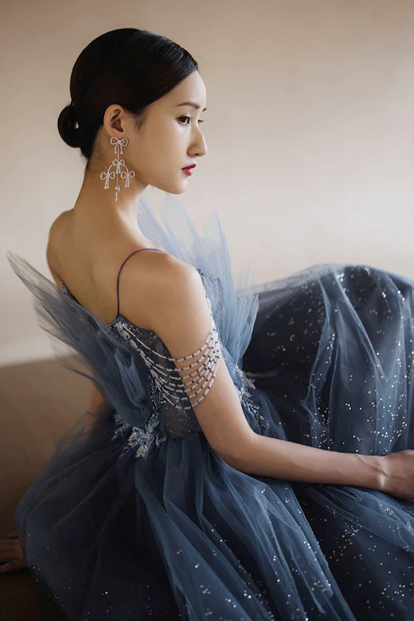 Wholesale Blue Tulle Layers Straps Beaded Long Formal Dress Beautiful A-Line Prom Dress