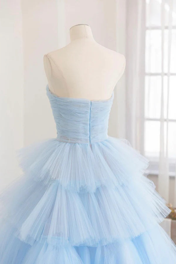 Wholesale Blue Strapless Tulle Layers Long Prom Dress Beautiful A-Line Evening Dress