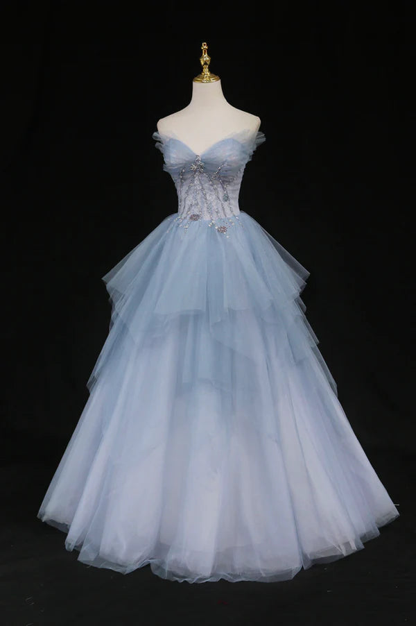 Wholesale Blue Tulle A-Line Strapless Long Prom Dress Blue Evening Party Dress