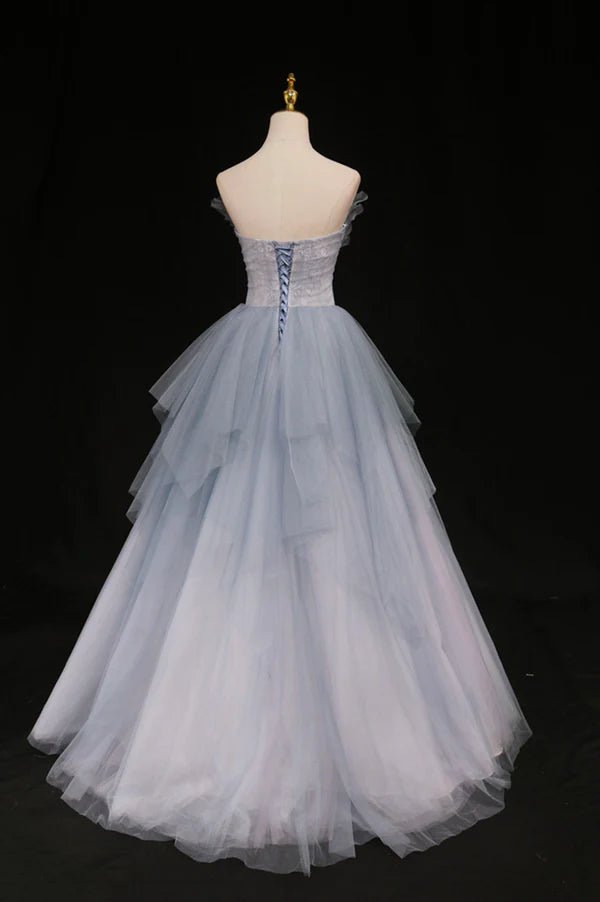 Wholesale Blue Tulle A-Line Strapless Long Prom Dress Blue Evening Party Dress