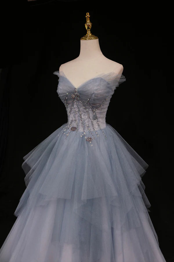 Wholesale Blue Tulle A-Line Strapless Long Prom Dress Blue Evening Party Dress
