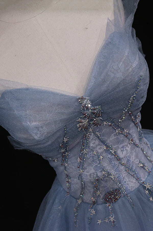 Wholesale Blue Tulle A-Line Strapless Long Prom Dress Blue Evening Party Dress