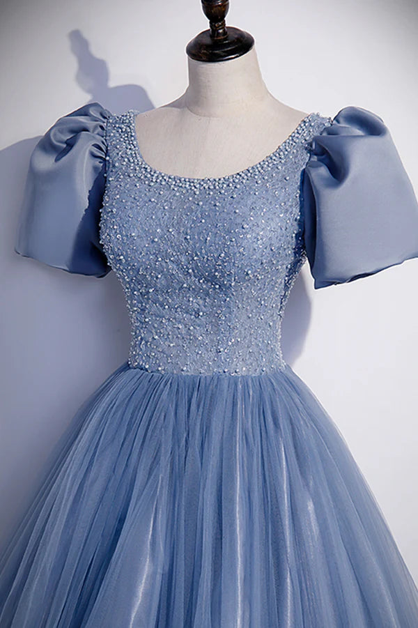 Wholesale Blue Scoop Tulle Long Prom Dress A-Line Short Sleeve Formal Dress