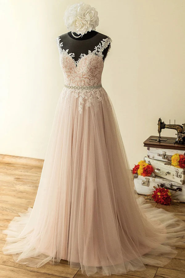 Wholesale Elegant Tulle Lace Long Prom Dress A-Line Scoop Neckline Evening Dress