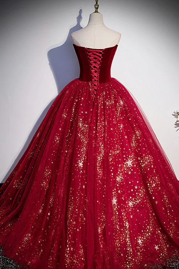 Wholesale Burgundy Tulle Long A-Line Ball Gown Off the Shoulder Evening Party Dress