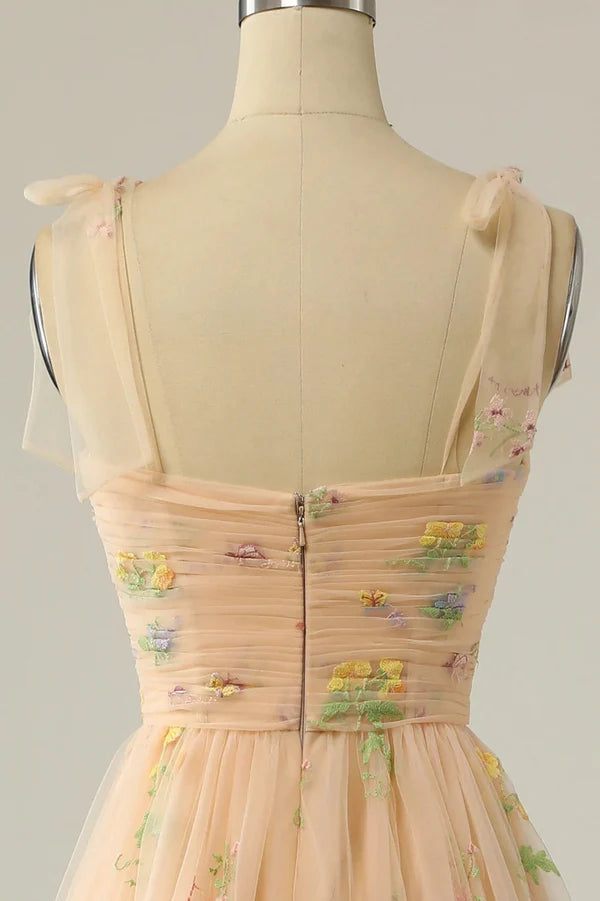 Wholesale Champagne Tulle Lace Floor Length Prom Dress A-Line Spaghetti Straps Evening Dress