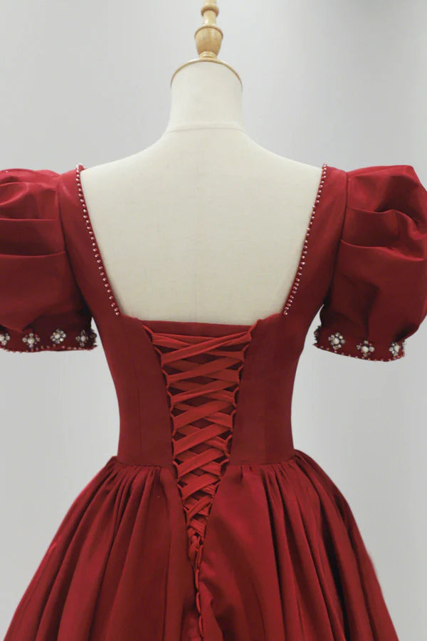 Wholesale Burgundy Satin Long Prom Dress A-Line Short Sleeve Evening Dress