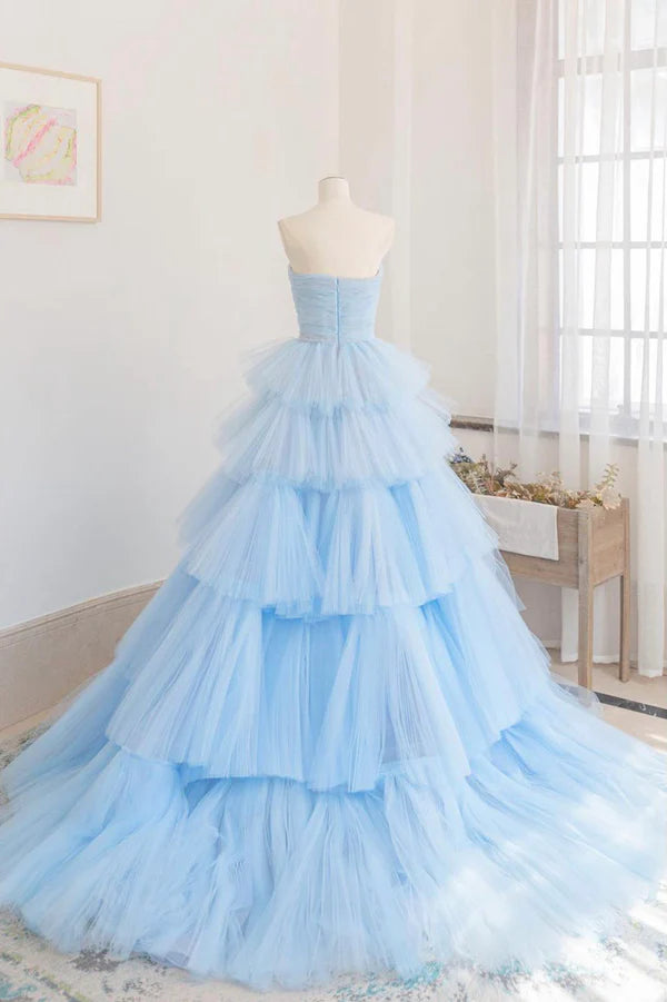 Wholesale Blue Strapless Tulle Layers Long Prom Dress Beautiful A-Line Evening Dress