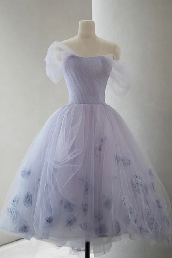 Wholesale Purple Tulle Short A-Line Prom Dress Cute Off the Shoulder Party Dress