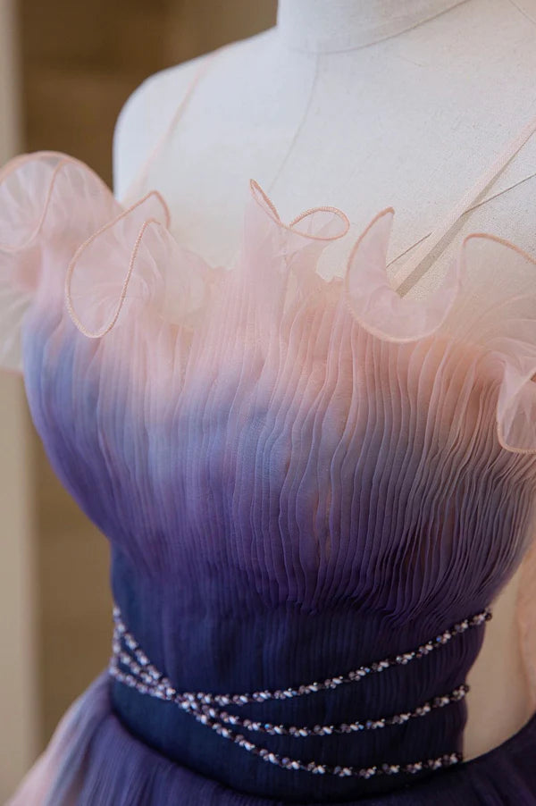 Wholesale Unique Pink Gradient Long Prom Dress A-Line Strapless Evening Party Dress