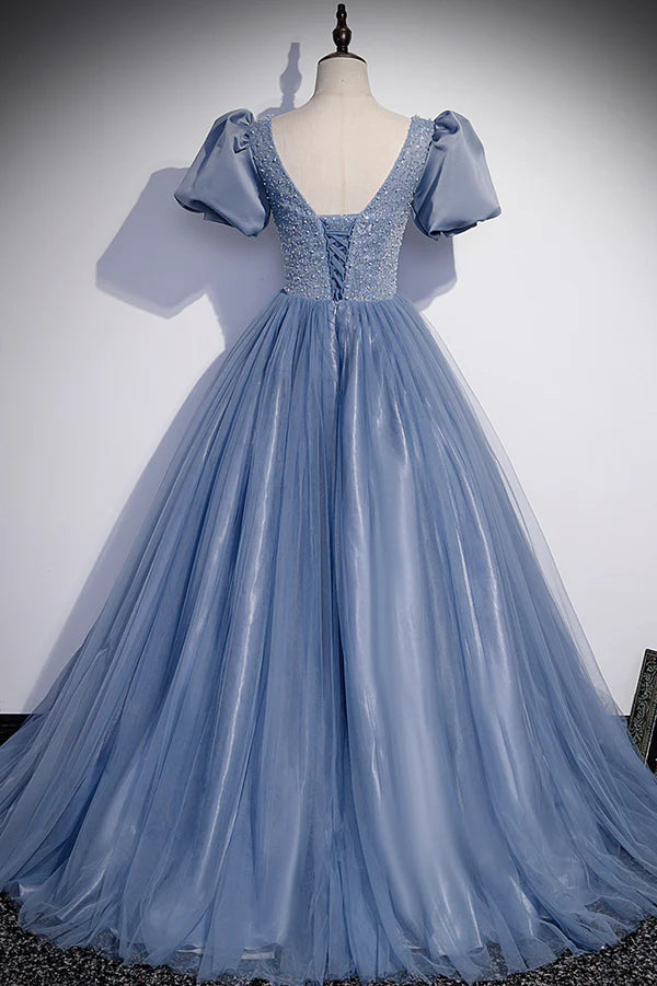 Wholesale Blue Scoop Tulle Long Prom Dress A-Line Short Sleeve Formal Dress