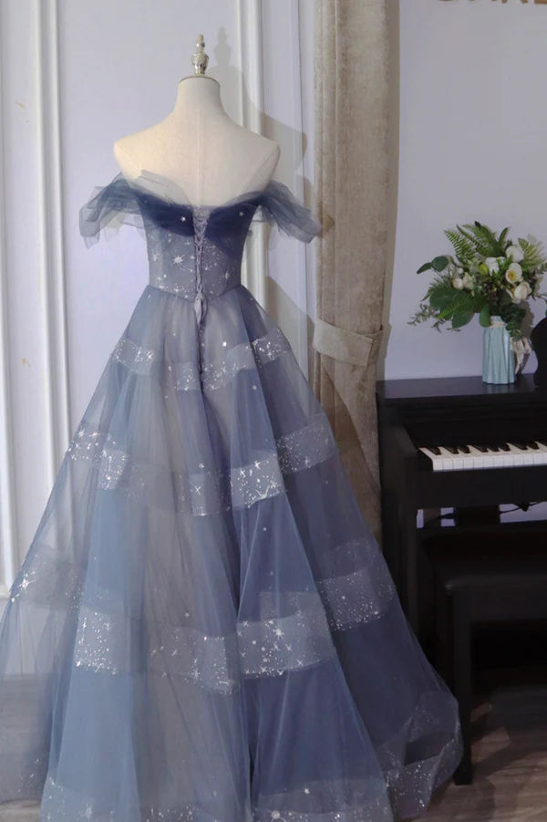Wholesale Blue Tulle Long A-Line Prom Dress